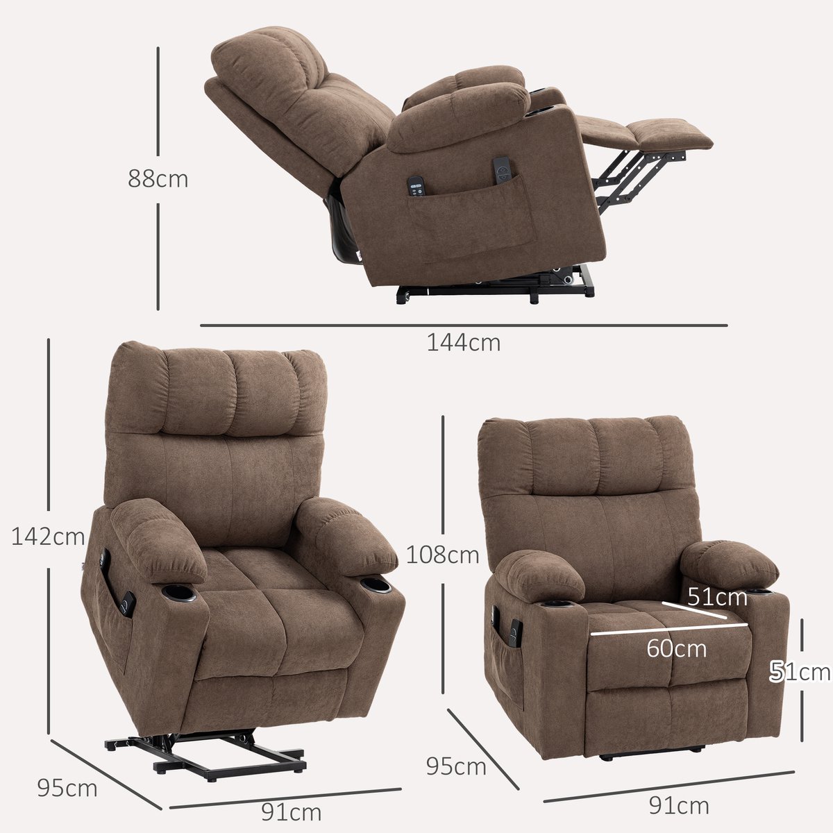 Afbeelding 2 van HOMCOM Fauteuil met Sta-op-, Warmte- en Massagefunctie Bruin