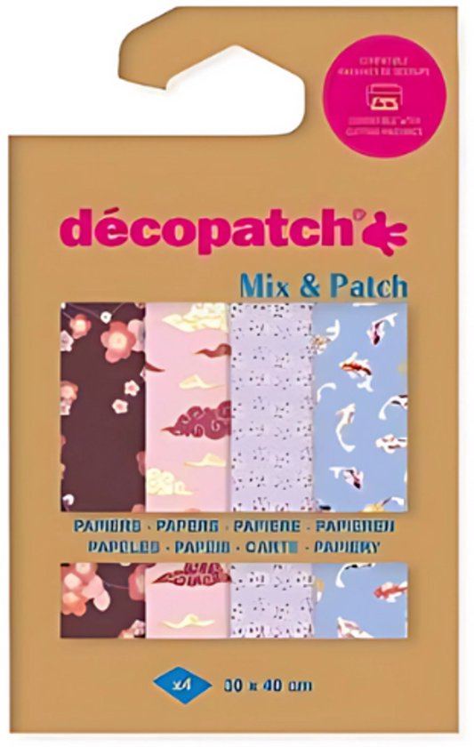 Emballage de quatre feuilles de papier Decopatch : fleurs de cerisier, nuages roses, petites fleurs violettes et poissons orange.