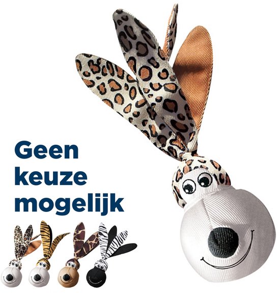 Hondenspeeltje met luipaardprint, met grote ogen en lachende mond. Vier kleinere speeltjes worden getoond met de tekst 'Geen keuze mogelijk'.