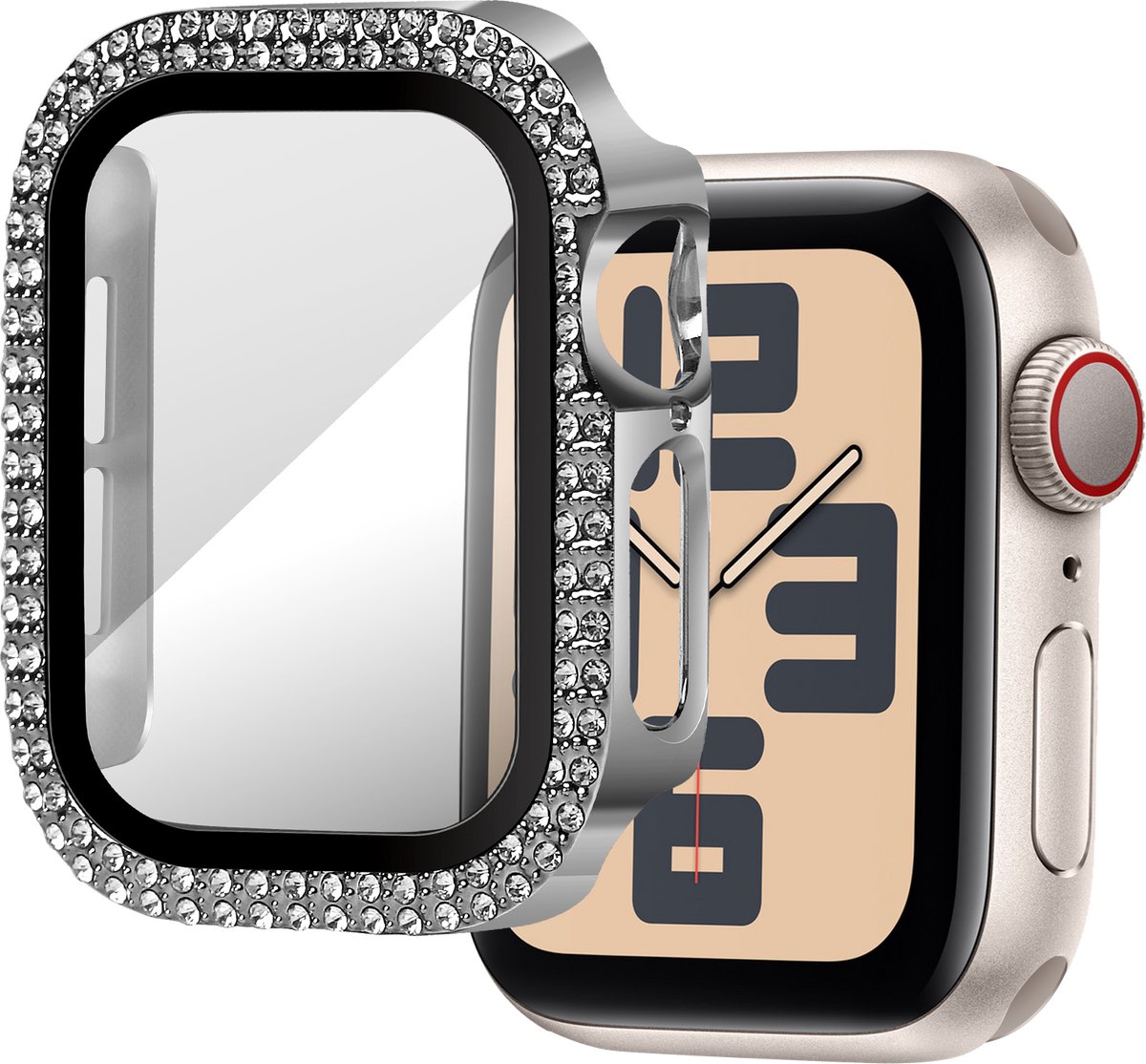 Bandz Diamond hoesje met screenprotector geschikt voor Apple Watch 10 - 42mm & Apple Watch 11 - 42mm case case - hard plastic beschermhoes - glazen screenprotector - Full cover case + screenprotector (zilver)