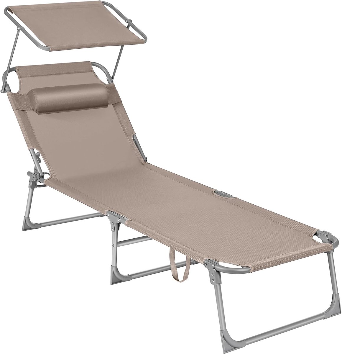 FurnStar - Ligstoel - Hoofdsteun, Zonnedak, Verstelbare Rugleuning, Opvouwbaar - 53 x 193 x 29,5 cm - Draagvermogen tot 150 kg - Voor Tuin, Balkon – Taupe