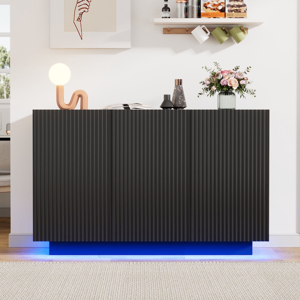 Sweiko Dressoir - LED-verlichting - Marmerenlook - Bluetooth bediening - Opbergruimte - Zwart