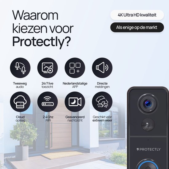 Protectly® 4K Ultra HD Slimme Draadloze Video Deurbel Met Camera - Geen abonnement - Deurbellen Met Camera - Deurbel Draadloos WiFi - Waterdicht - Incl. Gong (T-ring geluid) - Incl. 64GB SD