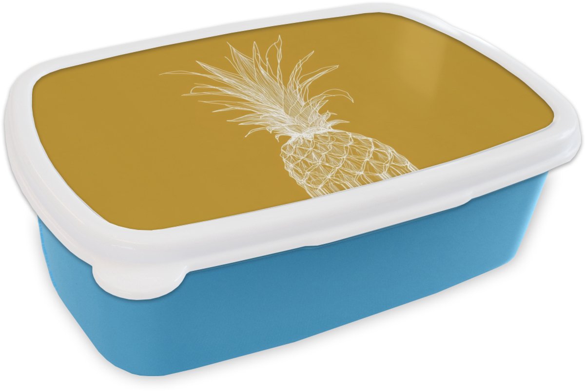 Broodtrommel Blauw - Lunchbox Lijnillustratie - Ananas - Bladkroon - Okergeel - Brooddoos 18x12x6 cm - Brood lunch box - Broodtrommels voor kinderen en volwassenen