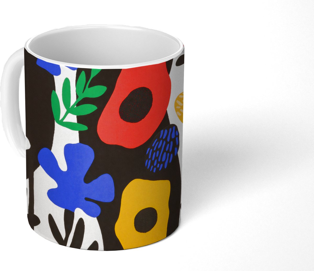 Mok - Koffiemok - Bloemen - Bladeren - Abstract - Zwart - Mokken - 350 ML - Beker - Koffiemokken - Theemok