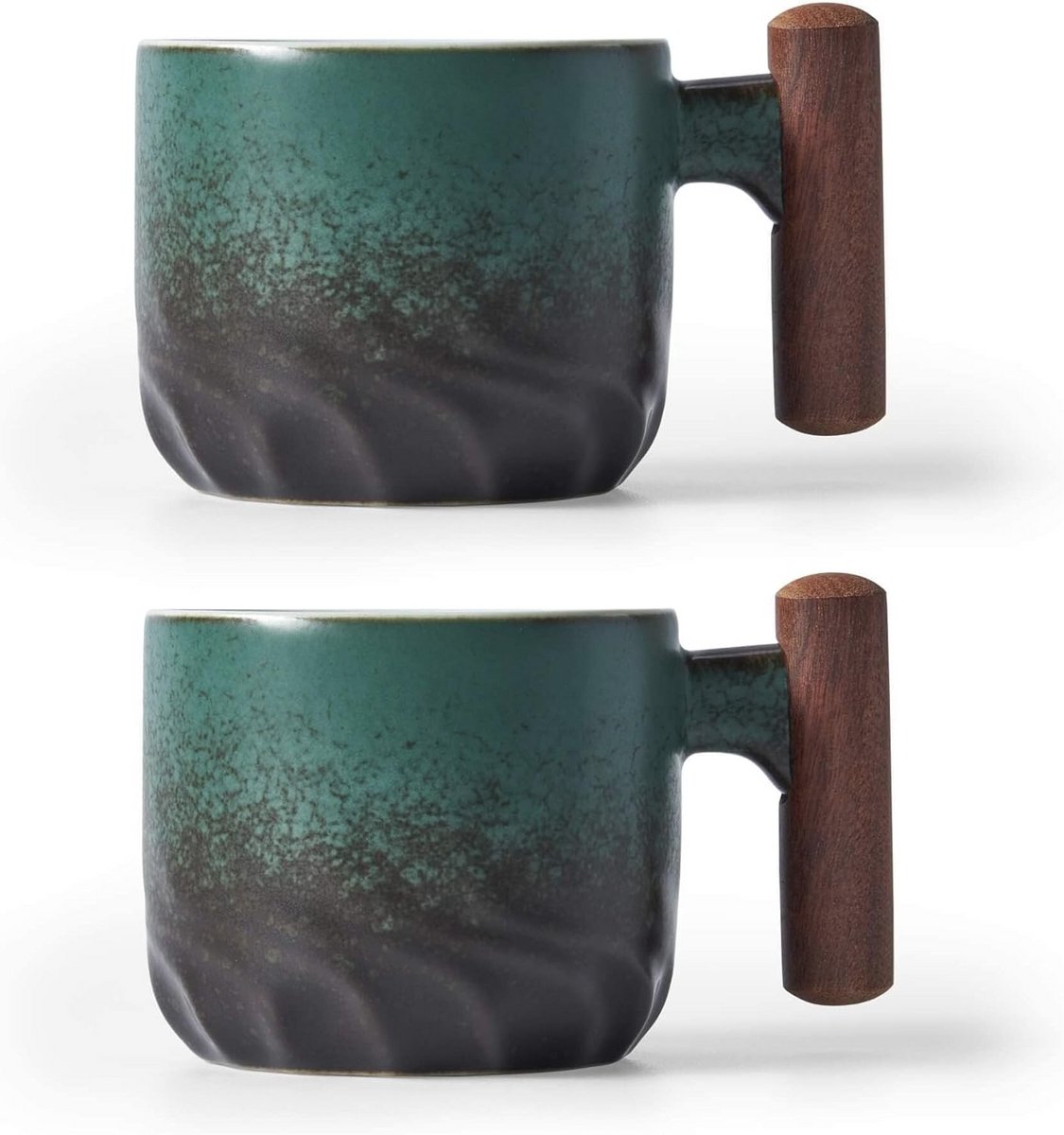 Kleine keramische theekopjes met houten handvat voor Matcha en groene thee - Set van 2