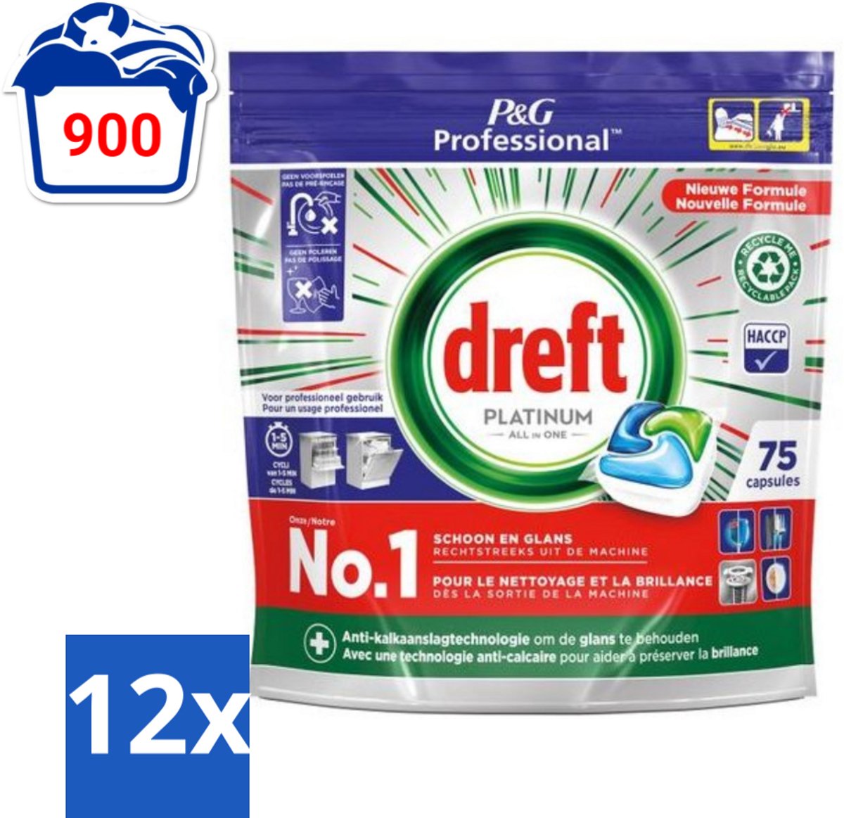 12 x Dreft Professional - Platinum - All In One - Vaatwascapsules - 75 Afwasbeurten - Vaatwascapsules - Vaatwasser Capsules - Professionele Vaatwas - Vaatwasser Reiniging - Hardnekkige Vlekken