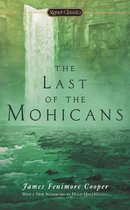 Boekomslag van 'The Last of the Mohicans' van James Fenimore Cooper, met een waterval en rotsachtig landschap.