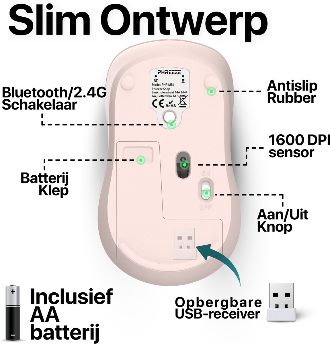 Stille Draadloze Muis - Bluetooth 5.2 + 2.4G USB Dongle - Multi Connect - Laptop & Computer - Incl. Batterij - Roze thumbnail 6