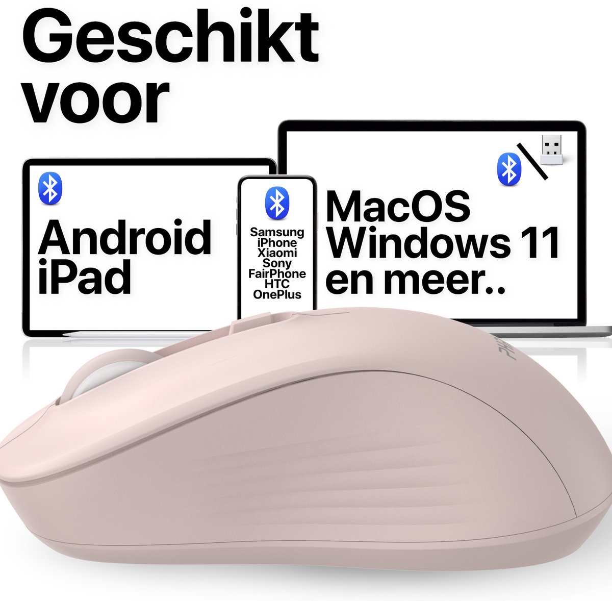 Stille Draadloze Muis - Bluetooth 5.2 + 2.4G USB Dongle - Multi Connect - Laptop & Computer - Incl. Batterij - Roze thumbnail 4