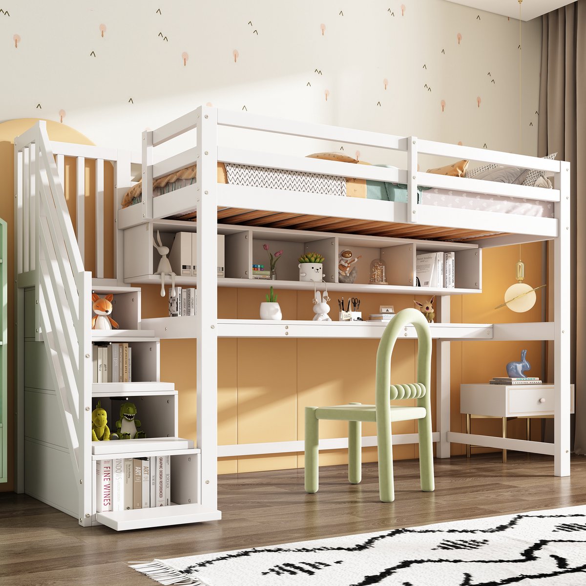 Sweiko Hoogslaper - 90*200 cm - Opbergruimte - Bureau + planken - Wit (Geen stoel)