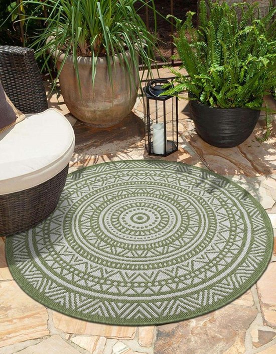 the carpet Mistra – Rond Outdoor Vloerkleed, Robuust & Weerbestendig – Groen met Etnisch Patroon – Ø 120 cm