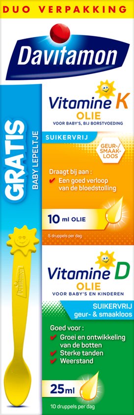 Davitamon duo verpakking met vitamine K en D olie en gratis baby lepel.