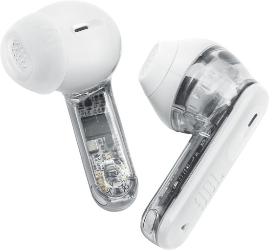Twee witte JBL Tune Flex 2 oordopjes, close-up, met transparante onderkant.