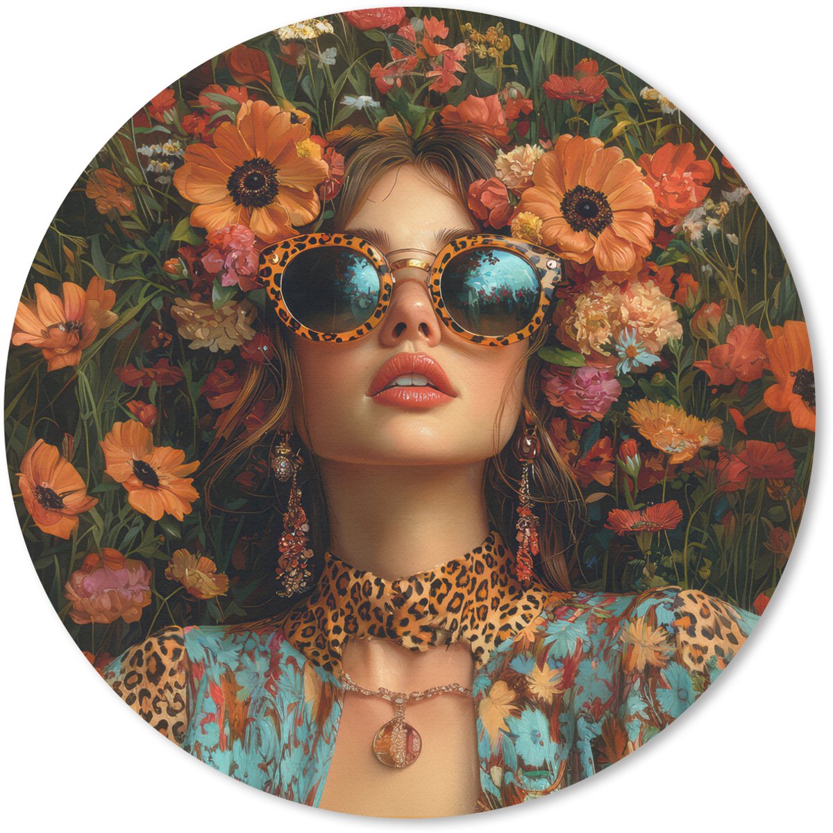 Muismat rond 40x40 cm - Mousepad Vrouwen - Bloemen - Modern - Bril - Abstract - Ronde muismatten