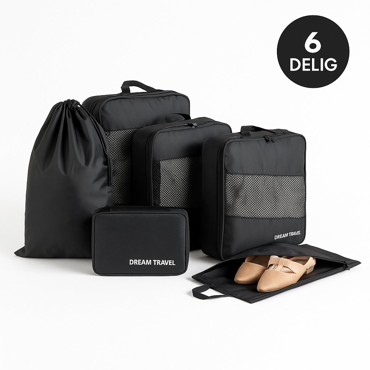 Packing Cube Set – Travel – 6-Delige Reisset – Bagage – Koffer Organizer met Schoenentas & Waszak – Lichtgewicht & Waterdicht – Zwart