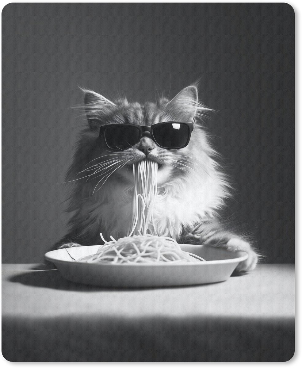 Muismat 19x23 cm - Mousepad Langharige kat - Zonnebril - Spaghetti - Humor - Zwart - wit - Muismatten