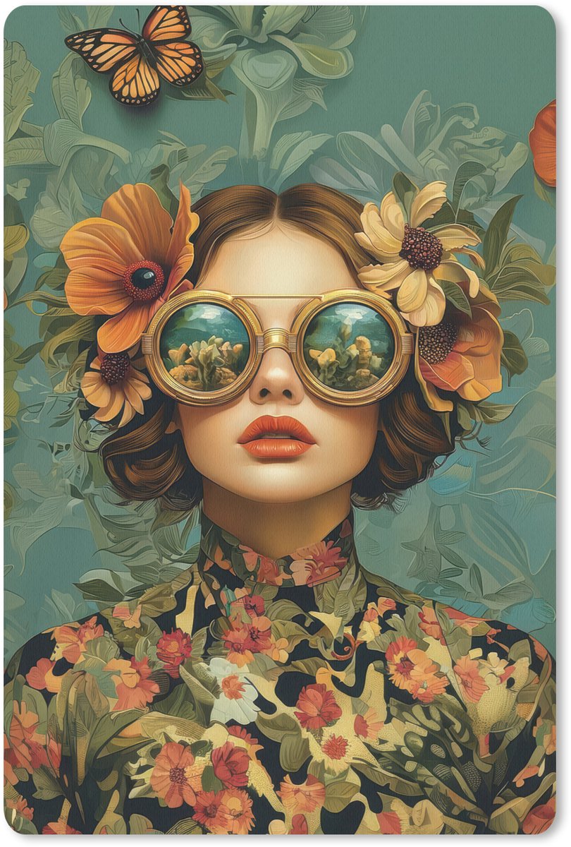 Muismat 18x27 cm - Mousepad Vrouw - Bloemen - Vlinders - Natuur - Vintage - Muismatten