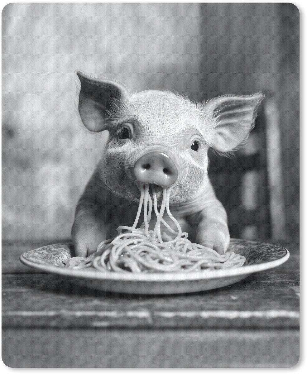 Muismat 19x23 cm - Mousepad Varken - Schattig - Spaghetti - Zwart wit - Dier - Muismatten