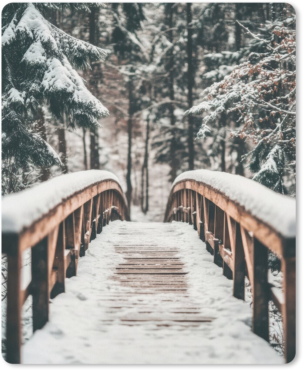 Muismat 19x23 cm - Mousepad Brug - Winterlandschap - Bos - Natuur - Sneeuw - Muismatten