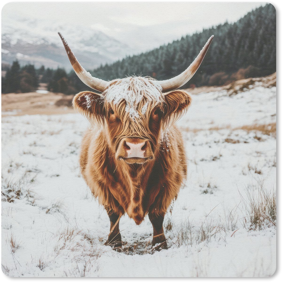 Muismat 20x20 cm - Mousepad Schotse Hooglander - Landschap - Sneeuw - Bergen - Winter - Muismatten