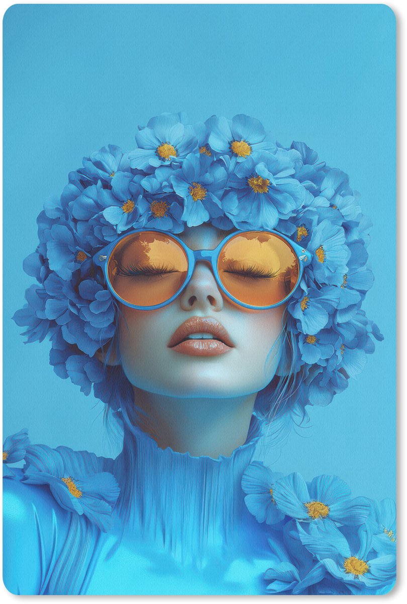 Muismat 18x27 cm - Mousepad Vrouw - Bloem - Blauw - Modern - Bril - Portret - Muismatten