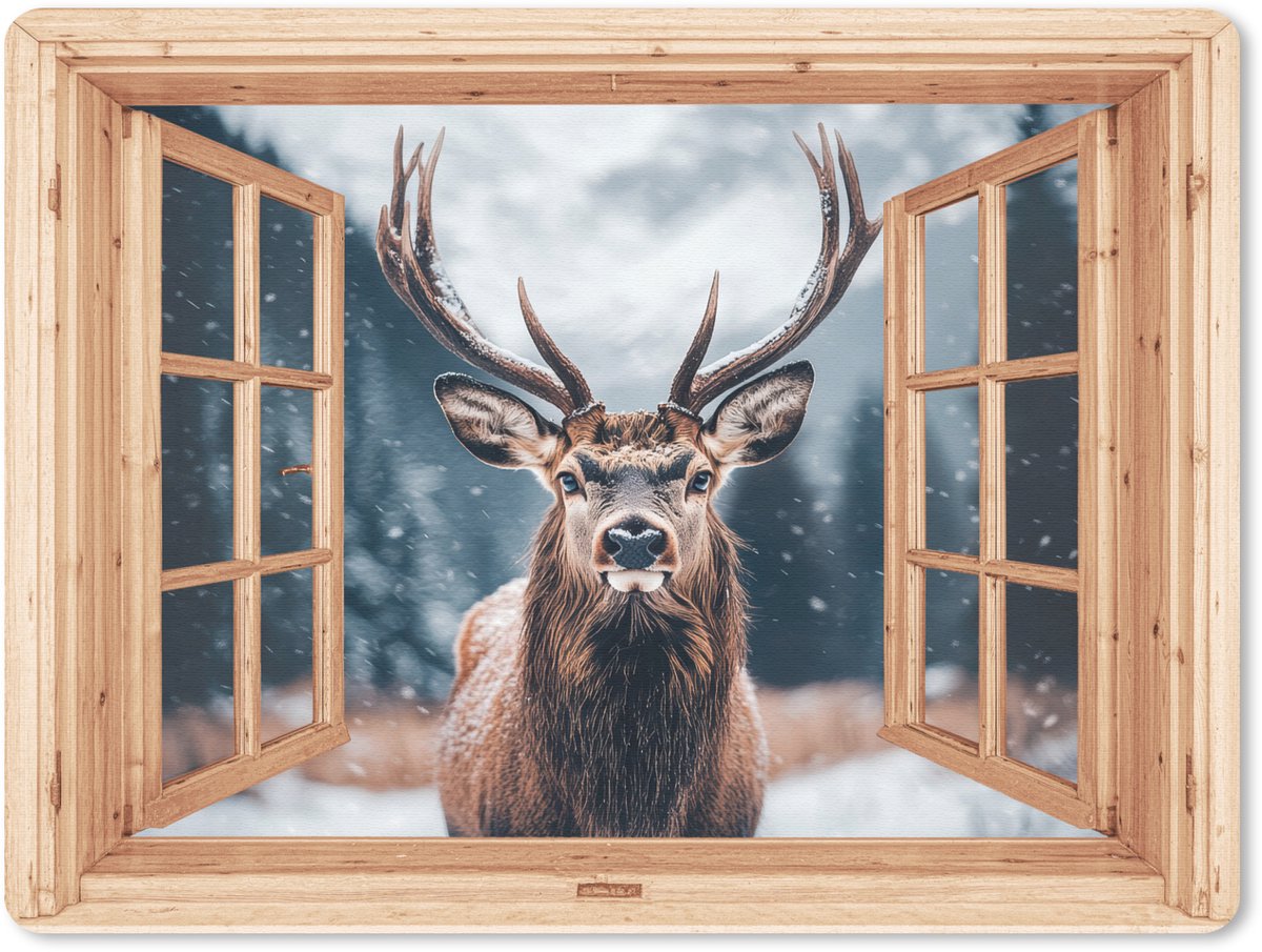 Muismat 23x19 cm - Mousepad Doorkijk - Hert - Dieren - Winterlandschap - Sneeuw - Muismatten