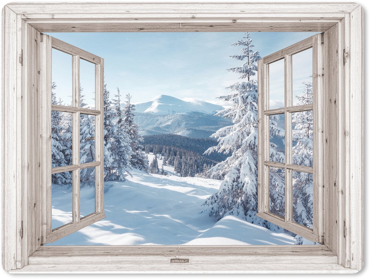 Muismat XXL 80x60 cm - Bureau onderlegger - Bureau mat Doorkijk - Winter - Landschap - Natuur - Berg - Bomen - Wit - Bureaumat - Gaming mousepad xl - Bureaulegger groot - Computer deskmat