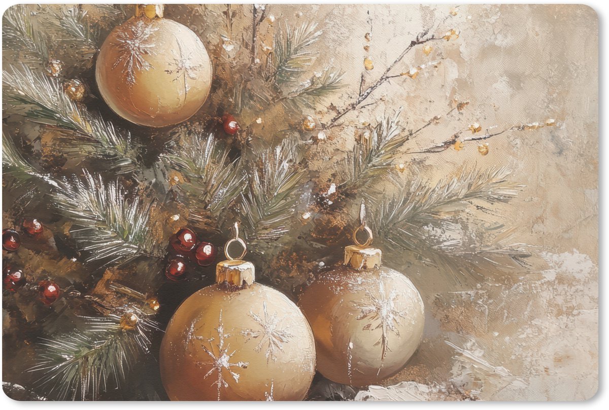 Muismat 27x18 cm - Mousepad Kerst - Kerstballen - Beige - Goud - Muismatten