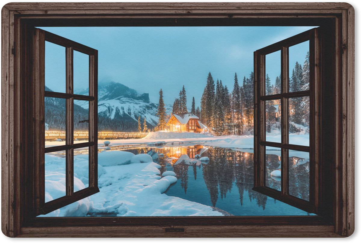 Muismat 27x18 cm - Mousepad Doorkijk - Winter - Landschap - Natuur - Huis - Bergen - Muismatten