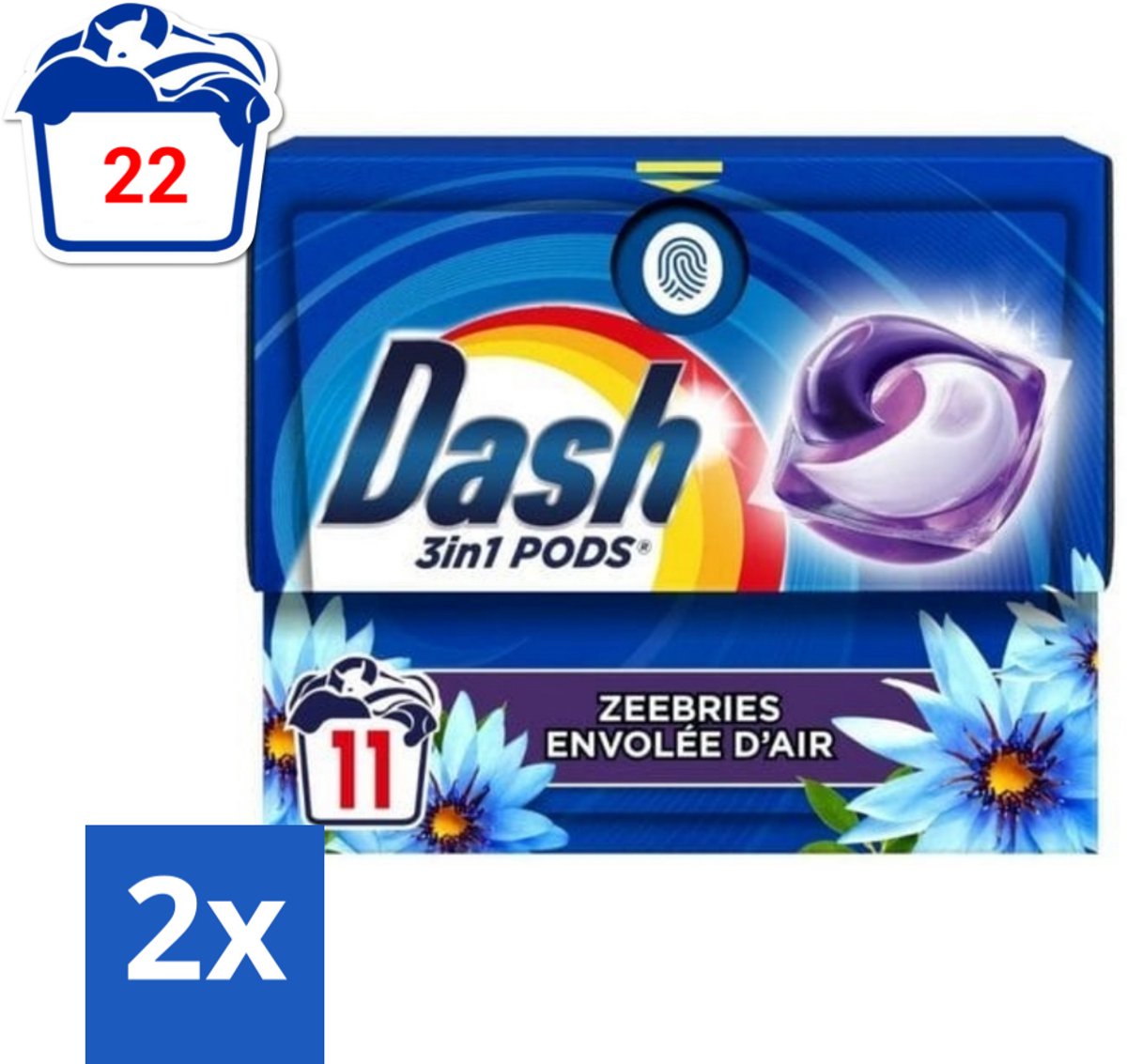 Dash - Wasmiddel Capsules - 3-in-1 Pods - Witte en Gekleurde Was - Zeebries - 11 Wasbeurten - Voordeelverpakking - 2 stuks