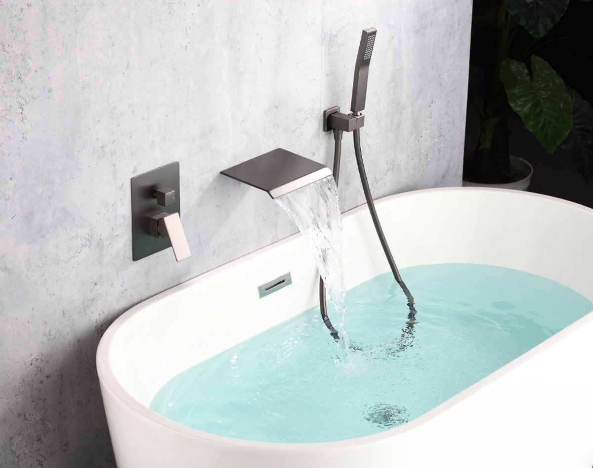 WEBO Deluxe inbouw badkraan met handdouche complete set - gun metal - watervalontwerp - twee-knop bediening complete set