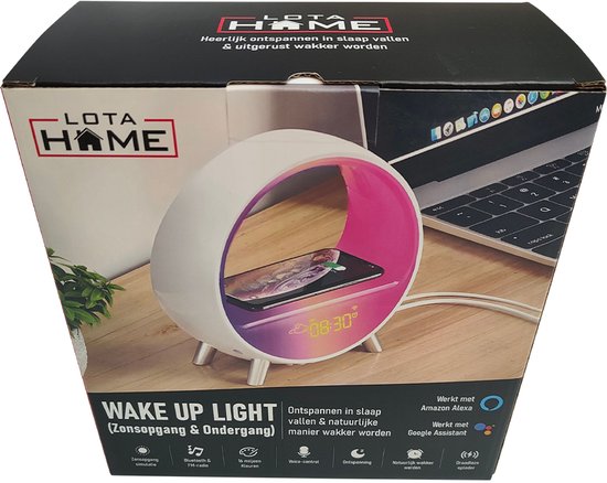 Witte wake-up light wekker met een paarsroze gloed, een smartphone erop en de tijd 08:30. De doos toont "WAKE UP LIGHT".