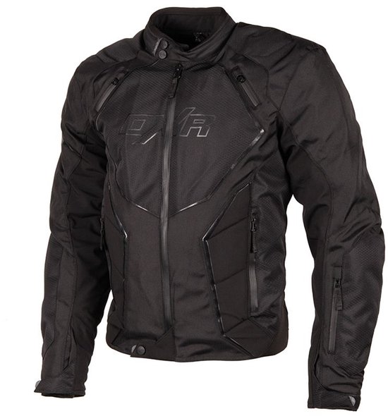 Zwarte motorjas met hexagon-textuur, glanzende panelen en DXR-logo op de borst.