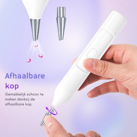 Stylo blanc électrique pour peinture diamant avec tête amovible, représenté avec des embouts supplémentaires et des diamants détachés.