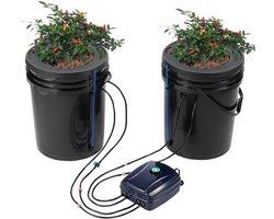 DWC hydrocultuurkweeksysteem, uitgebreide hydrocultuuropstelling met druppelset bovenaan, 2 emmers van 5 gallon, luchtpomp, stenen en waterpeilindicator voor bladgroenten