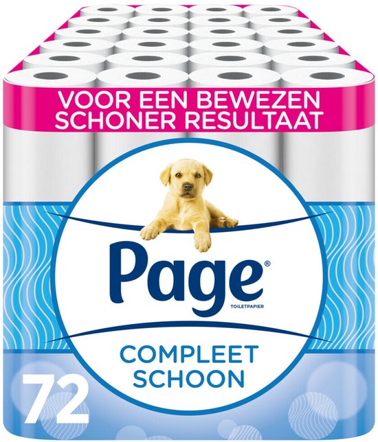 72 rollen Page toiletpapier met "Compleet Schoon" tekst en een puppy.