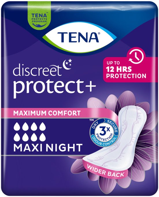 Tena Discreet Protect+ Maxi Night verpakking met maandverband. 'Maximum Comfort', '12 uur bescherming'.
