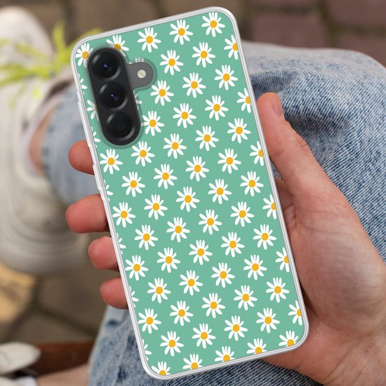 Coque de téléphone compatible avec Samsung Galaxy A56 - Motif marguerites - Vert - Fleurs - Coque en Siliconen