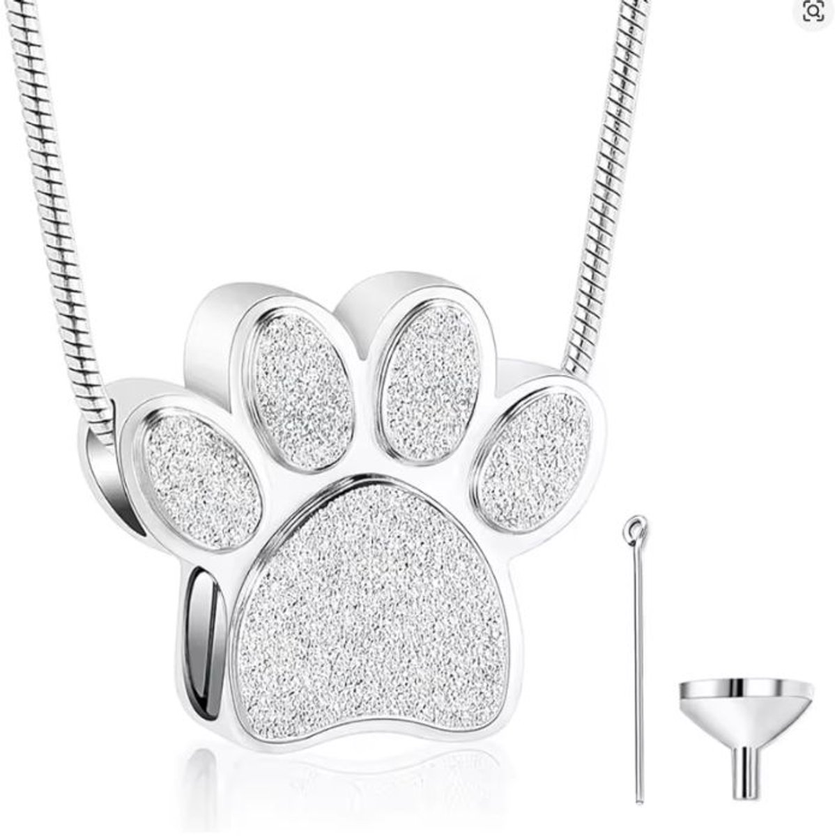 Ashanger Hondenpoot - Luxe Ashanger met Ketting - Gedenksieraad - Zilverkleurig - As hanger met glitter pootje - Petshop Seven®