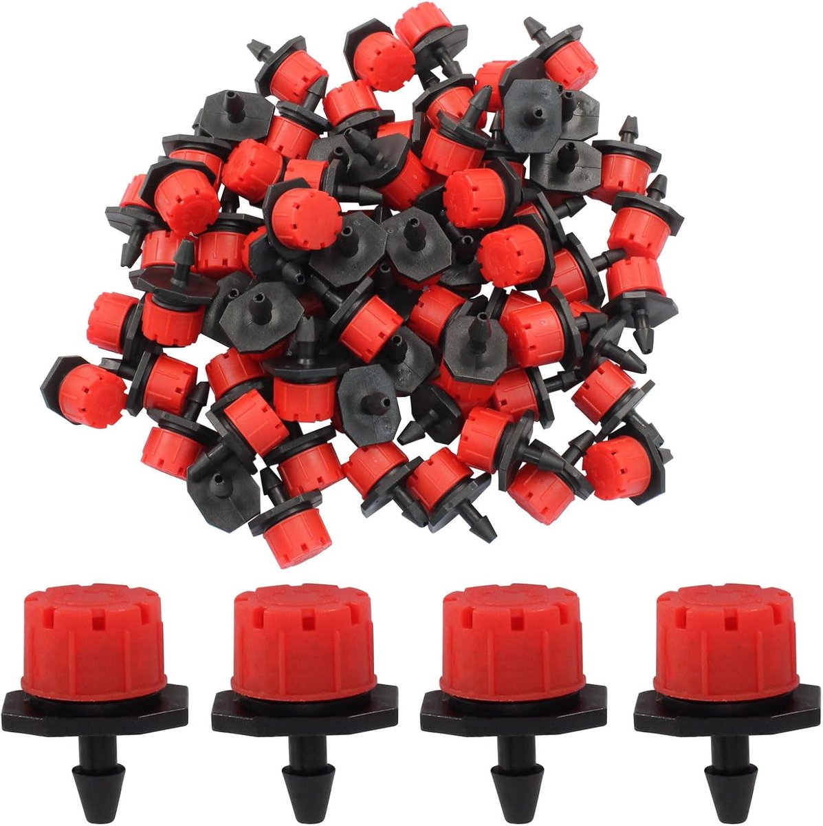 100 stuks - Automatische Irrigatie Druppelaars - Irrigatie Sproeiers - 360 Graden Verstelbare Spuitmond - Irrigatiesysteem Accessoires - Voor 4/7mm verbindingsstuk - Voor Bloembedden, Gazon, Kas - Rood en zwart - Kunststof