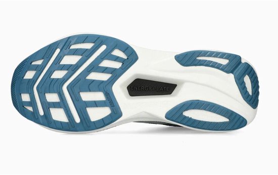 Zool van een donkerblauwe Allrounder sneaker met blauwe en witte details en een 'ENERGY PLATE'.