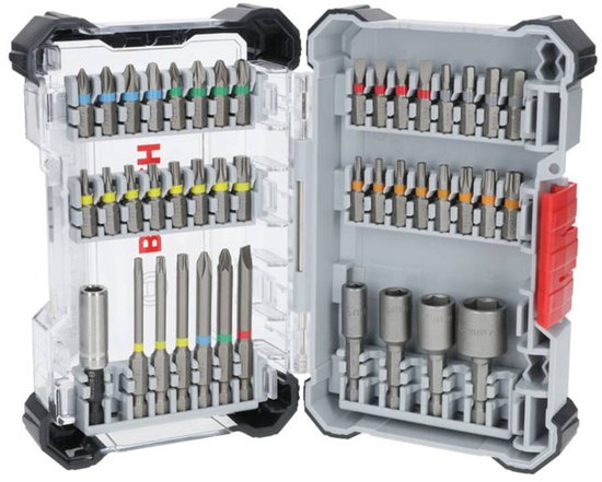 Open Bosch opbergkoffer met 43 schroefbits en dopsleutels, georganiseerd in vakken met gekleurde accenten.