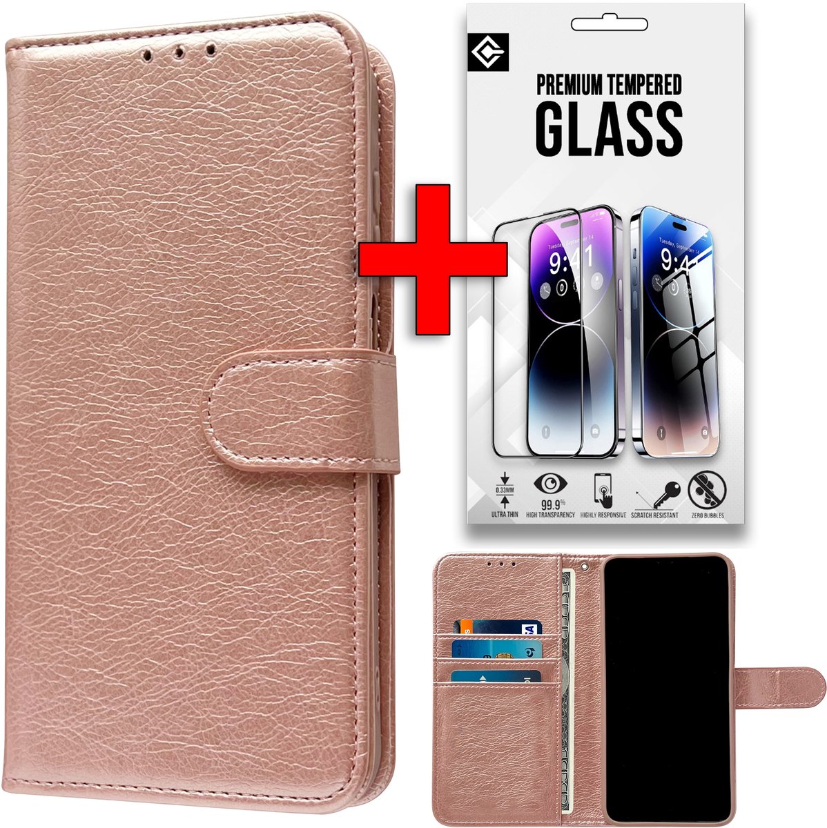 Casemania Hoesje + Glas Geschikt voor Xiaomi Redmi A5 - Rosegoud - Portemonnee Book Case met Glazen Screenprotector