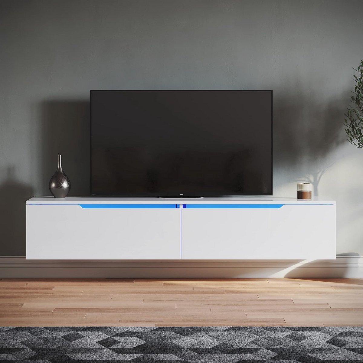Hoogglans Wit Tv-Meubel met LED Verlichting - Wand- of Vloermodel - 160 x 35 x 30 cm