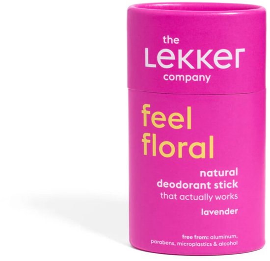 Roze deodorantstick met gele tekst 'feel floral'. The Lekker Company.