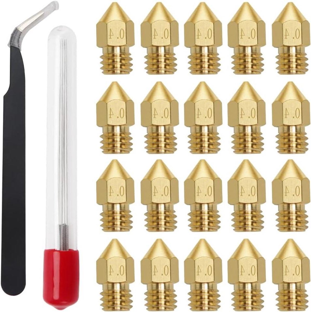 20 Stuks 0.4mm Messing 3D Printer Mondstukken met 5 Stuks Reinigingsnaalden voor MK8-spuitmonden