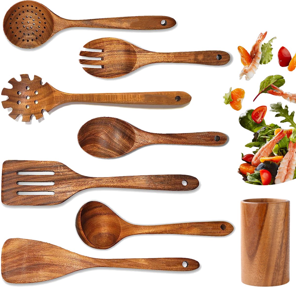 HAUSS SPOLE Keukengerei-Set-8 Delig Dagelijks Gebruik - Met houten vatopslag - Praktisch Formaat-Keukengerei van teakhout - keukenhulpset - kookbestekset