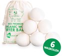Sac en coton avec imprimé de mouton et texte '100% Premium Organic Wool Dryer Balls', avec 6 boules de lavage blanches.