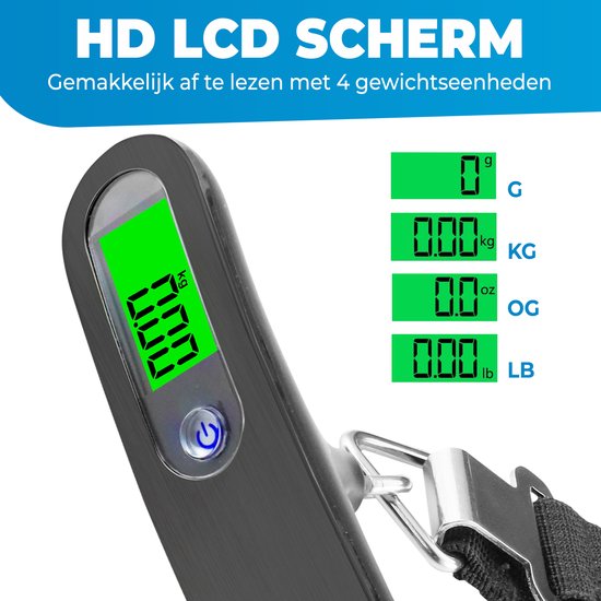 Close-up van een digitale kofferweegschaal met HD LCD scherm dat 0.00 KG toont. Naast het apparaat staan de gewichtseenheden G, KG, OG, LB.
